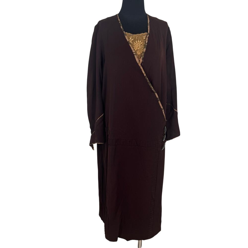 Rare Plus Size Antique 1920s Dark Brown Drop Waist Dress Vintage Flapper Tubular